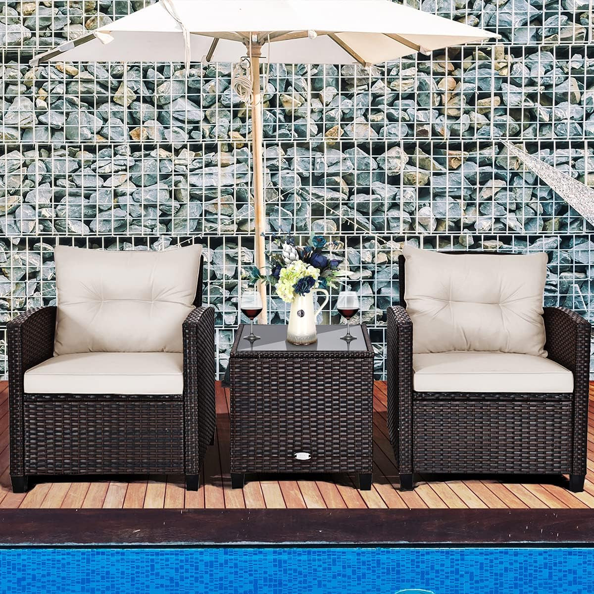 3 Pieces Patio Furniture Set, PE Rattan Wicker 3 Pcs Outdoor Sofa Set W/Washable Cushion and Tempered Glass Tabletop, Conversation Furniture for Garden Poolside Balcony (White)-1