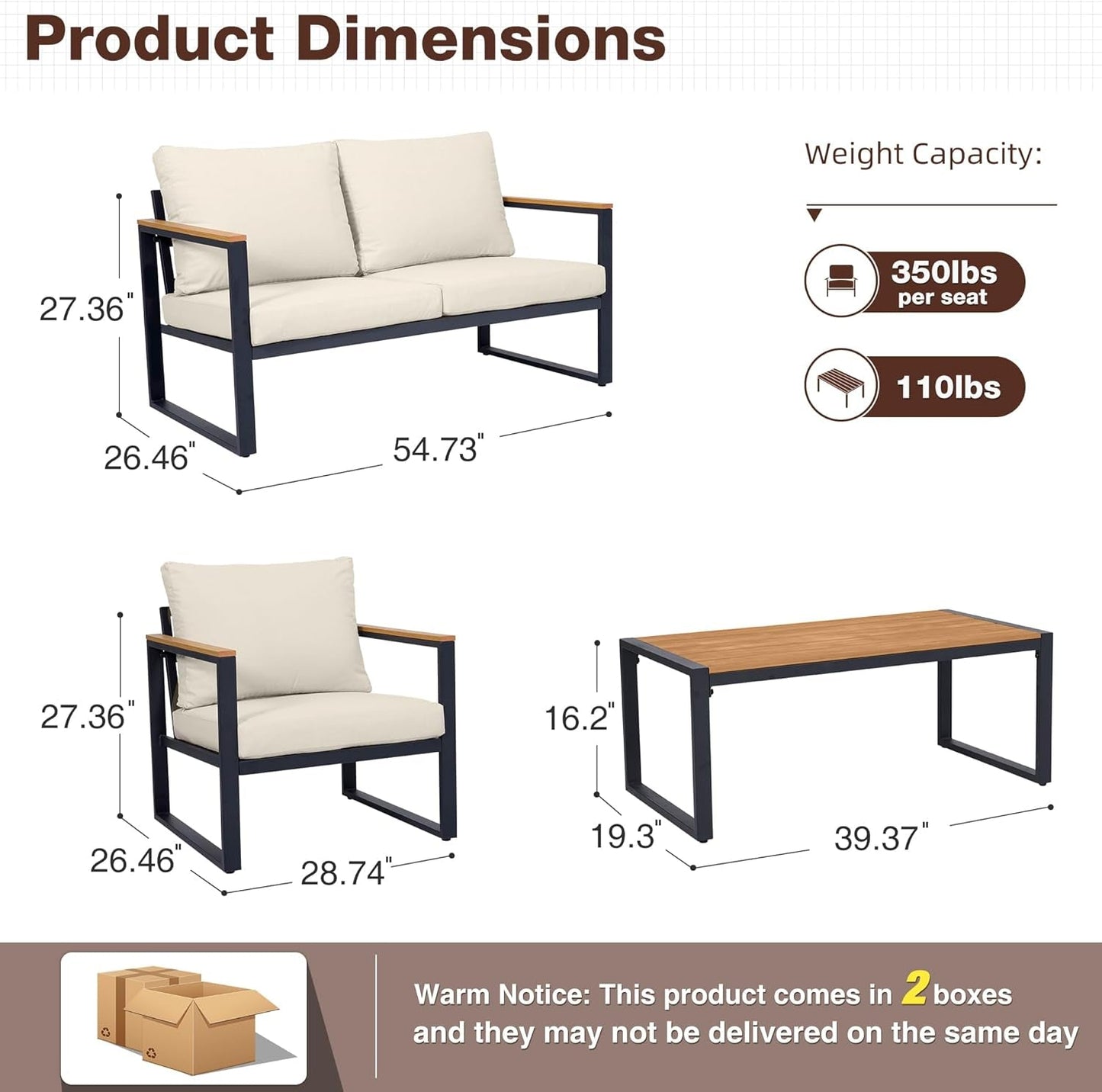 Patio Furniture Set, 4 Pieces Outdoor Patio Furniture with Coffee Table Set, Metal Patio Conversation Sets with Washable and High-Resiliency Sponge Cushions, Upgarded Beige-1