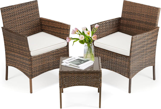 Patio Furniture Set 3 Pieces, Outdoor Wicker Furniture with Coffee Table, Modern Rattan Patio Chairs Conversation Sets with Sofa for Garden, Terrace, Porch, Balconies, Lawns(Brown and Beige)-0