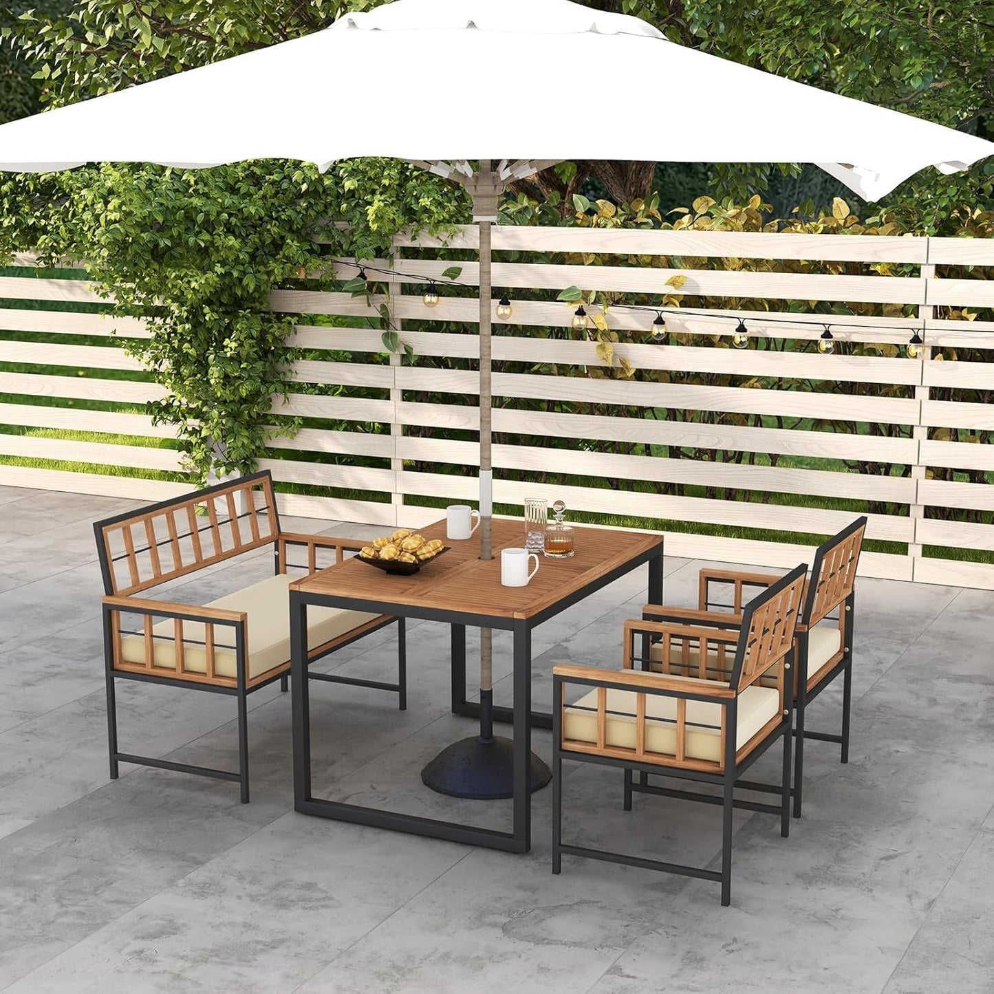 4 Piece Patio Dining Set, Outdoor Wood Dining Furniture W/ 2 Chairs & 1 Loveseat, 47” Acacia Wood Table W/Umbrella Hole, Cozy Seat Cushions, outside Furniture Set for Backyard, Poolside