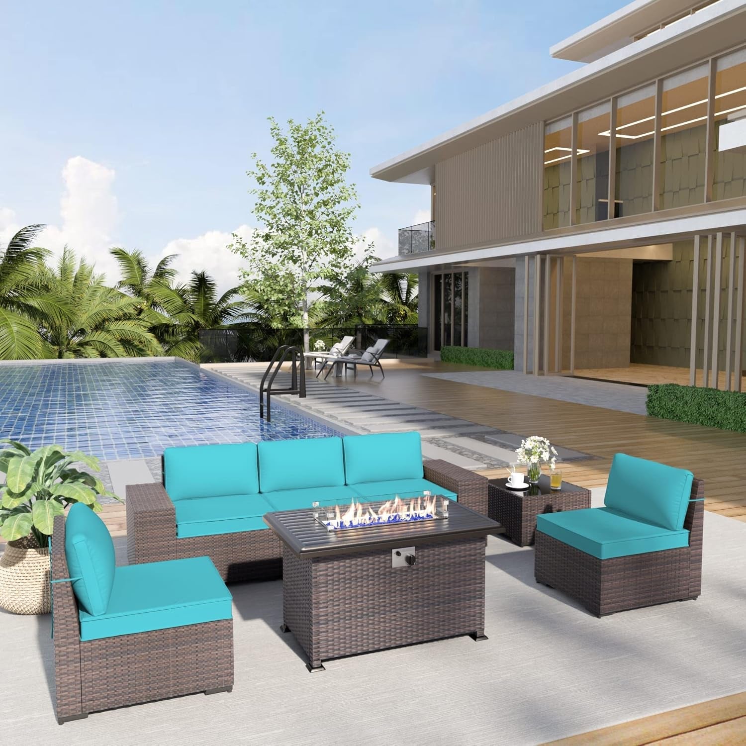 Rattan Patio Furniture Set With Fire Pit Table-0