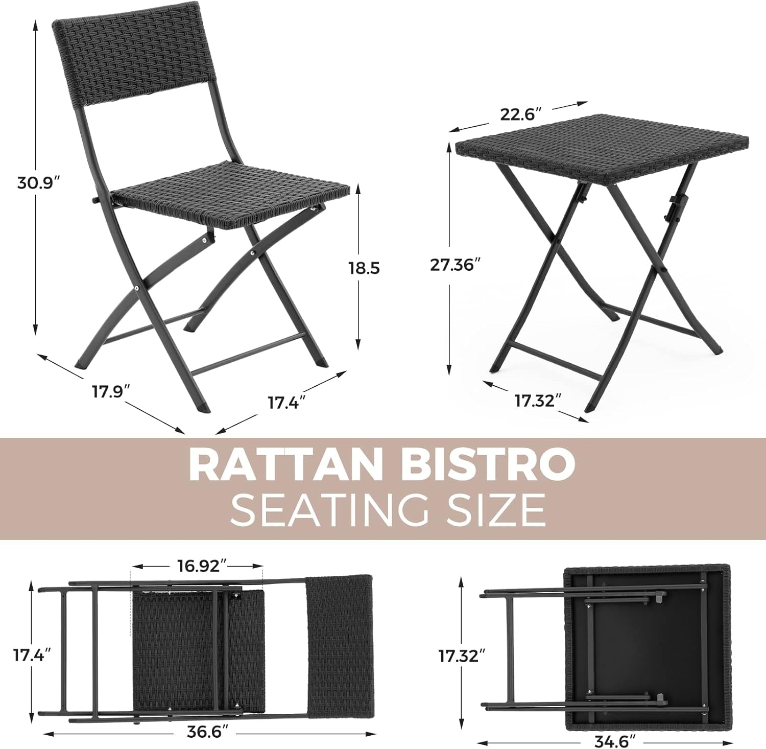 Rattan Patio Bistro Set, 3 Piece Foldable Outdoor Patio Furniture Sets, with Folding Table and Two Chairs, for Garden, Backyard, Pool, Lawn, Porch, Balcony, All Weather Rattan Style (Black)-1