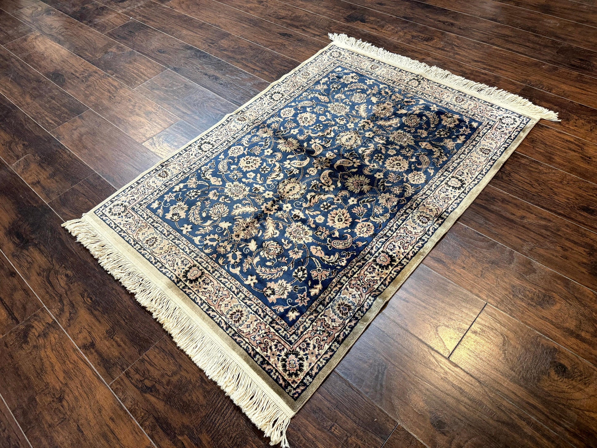Vintage Art Silk Rug 3x4, Traditional Oriental Persian Design Rug, Belgium Power Loomed Rug, Navy Blue-1