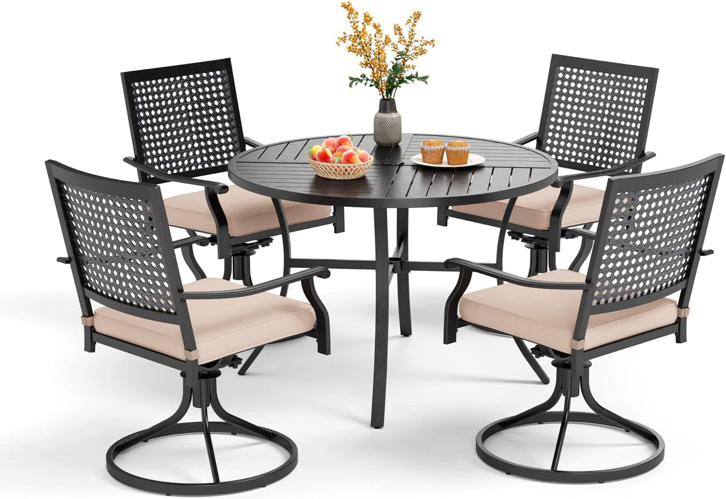 Outdoor Modern round Dining Table Set for 4 Dining Swivel Chairs Patio Furniture Set of 5, Metal Patio Circle Table with Umbrella Hole & Wrought Iron Dining Chairs with Cushion Backyard-0