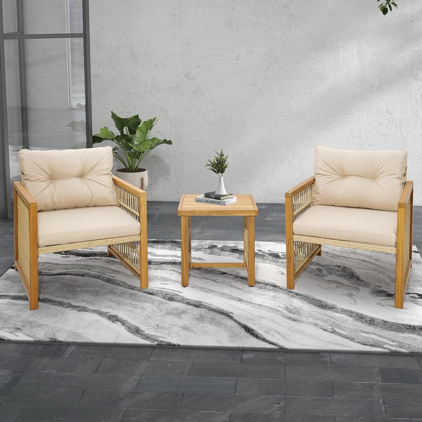 3 Pieces Acacia Wood Patio Furniture Set, PE Wicker Bistro Set with Cushioned Chairs and Coffee Table, Outdoor Conversation Set for Porch, Deck, Balcony, Backyard (Beige)-2