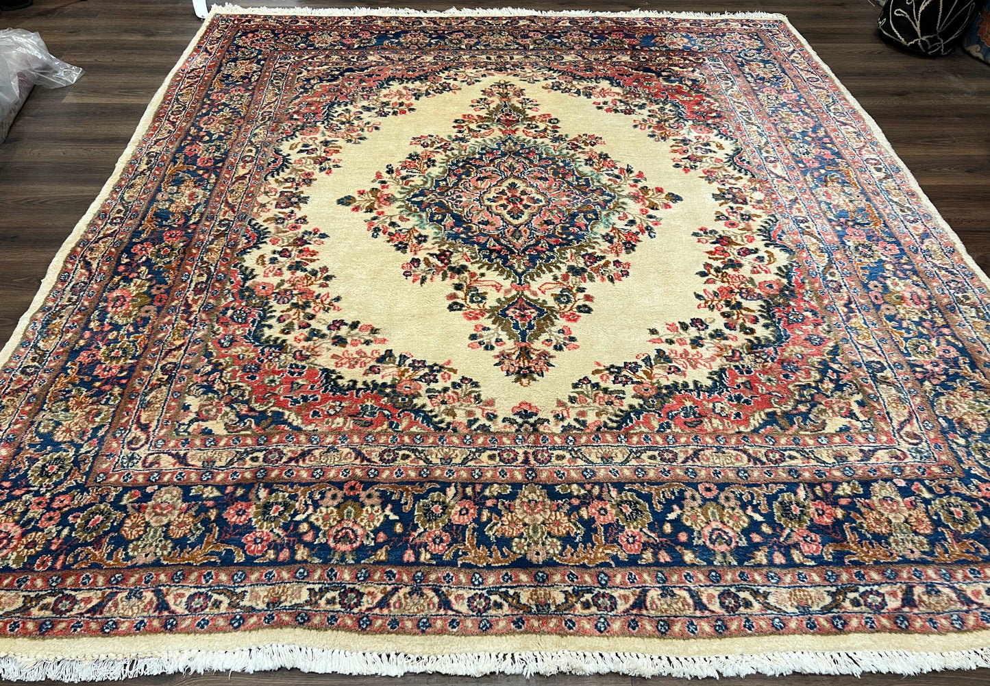 Persian Rug 9x10, Hamadan Rug, Antique Oriental Carpet, Wool Rug, Semi Open Field, Cream and Navy Blue, Kirman Design Hand Knotted Almost Square Rug-0