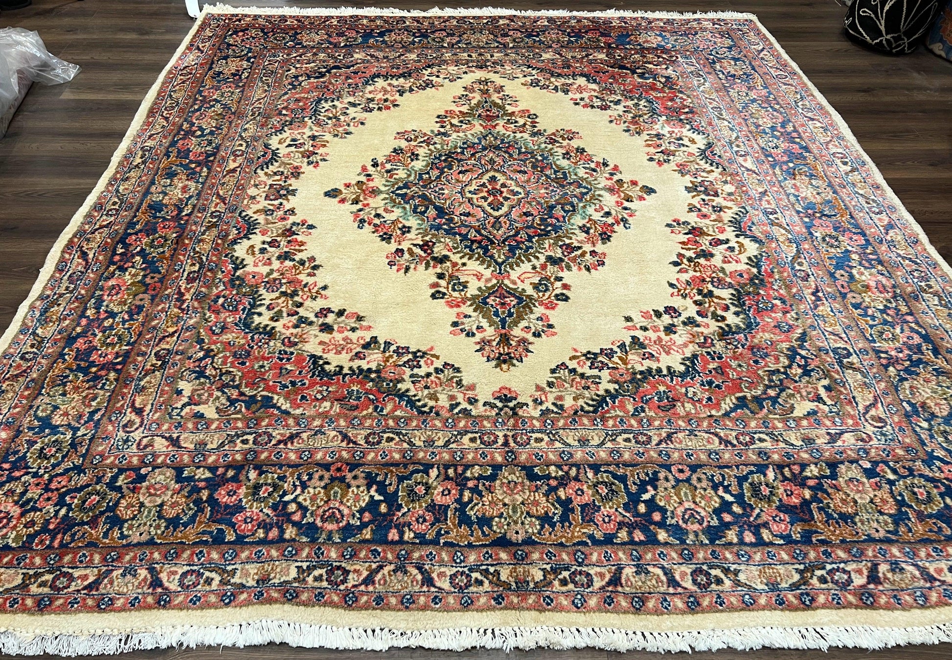 Persian Rug 9x10, Hamadan Rug, Antique Oriental Carpet, Wool Rug, Semi Open Field, Cream and Navy Blue, Kirman Design Hand Knotted Almost Square Rug-0