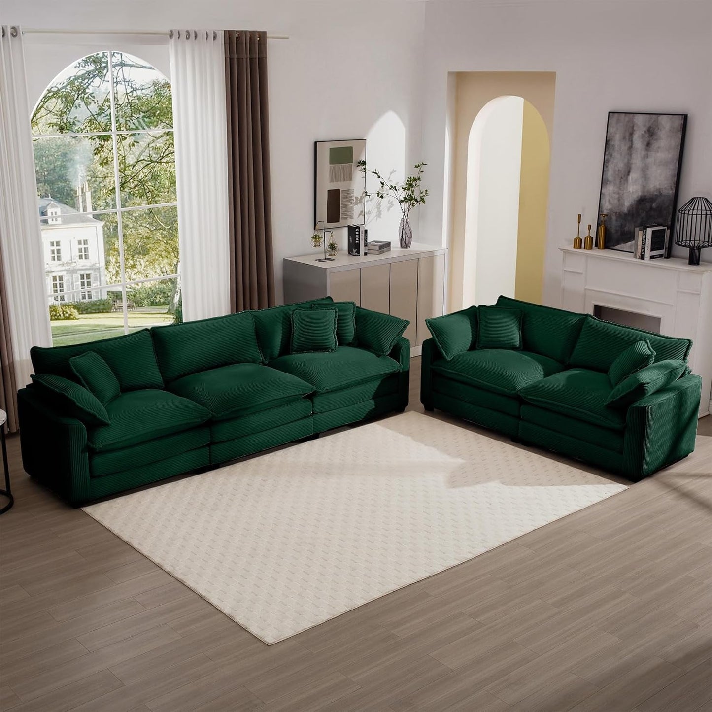 Oversized 2 Piece Sofa Set for Living Room, 3-Seater & Loveseat Couch, Modular Sectional Deep Seat Corduroy Comfy Cloud Couches with 4 Armrest Pillows and 5 Toss Pillows, Green