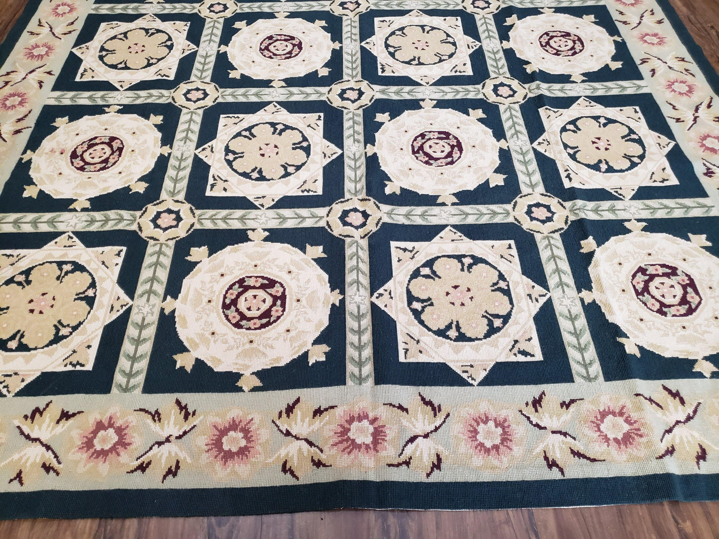 Vintage Chinese Needlepoint Rug 6x9, Panel Design Area Rug Wool Hand-Woven Black & Ivory Carpet Flat Weave Bedroom Rug 6 x 9 Living Room Rug-4