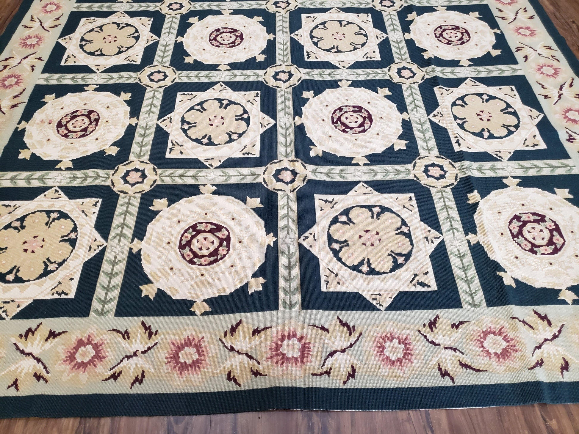 Vintage Chinese Needlepoint Rug 6x9, Panel Design Area Rug Wool Hand-Woven Black & Ivory Carpet Flat Weave Bedroom Rug 6 x 9 Living Room Rug-4