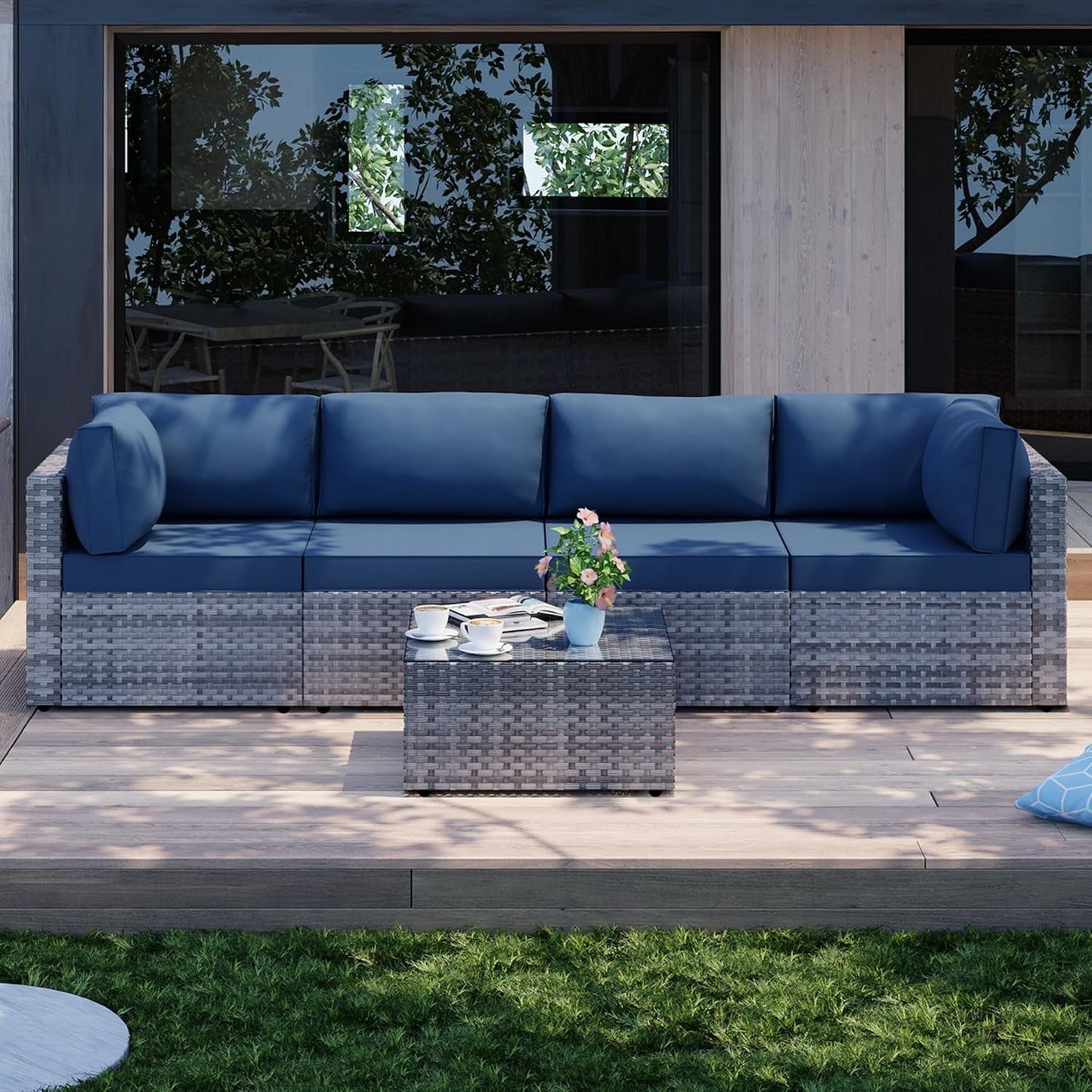 5 Pieces Outdoor Patio Sectional Sofa Couch, Silver Gray PE Wicker Furniture Conversation Sets with Washable Cushions & Glass Coffee Table for Garden, Poolside, Backyard (Aegean Blue)-4