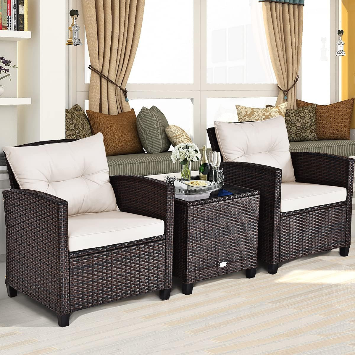 3 Pieces Patio Furniture Set, PE Rattan Wicker 3 Pcs Outdoor Sofa Set W/Washable Cushion and Tempered Glass Tabletop, Conversation Furniture for Garden Poolside Balcony (White)-2