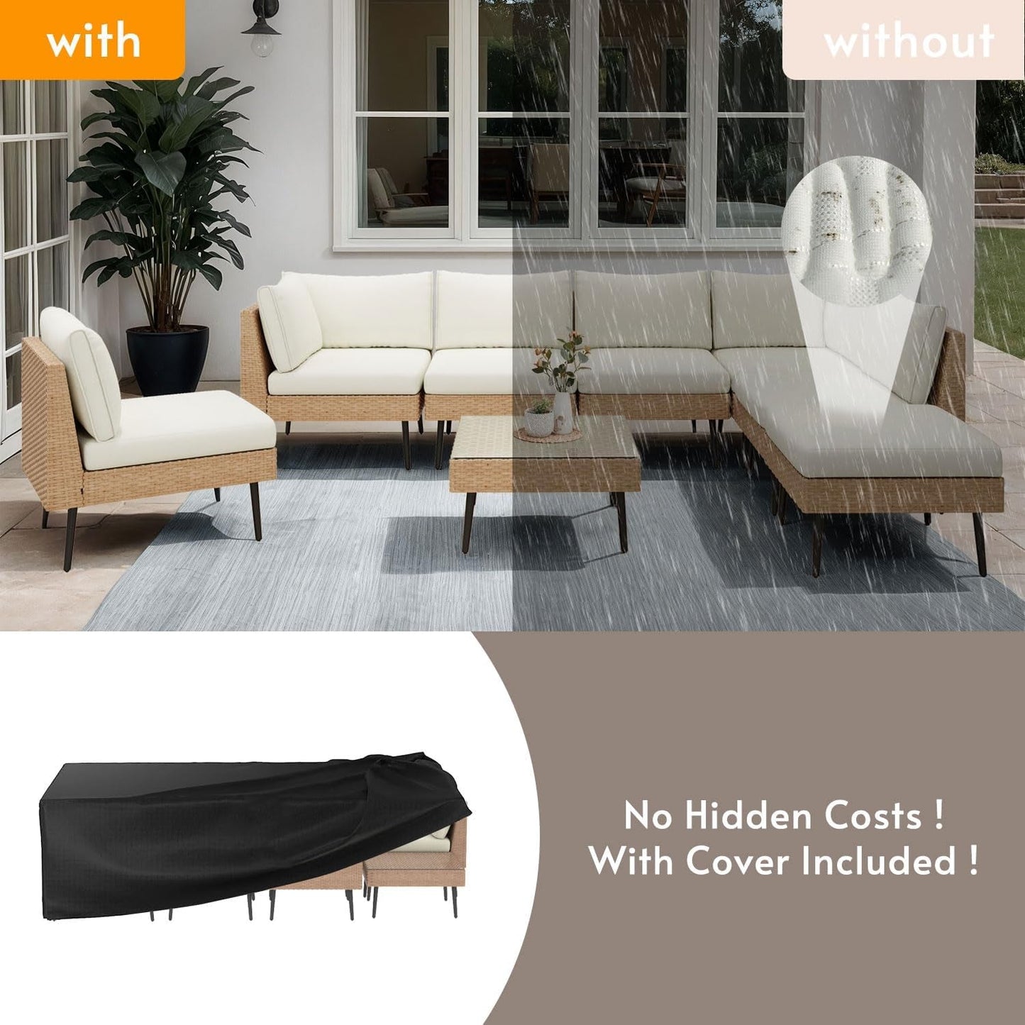 Outdoor Patio Sectional Furniture Set, 8 Piece Wicker Conversation Patio Furniture Wtih Extra Waterproof Cover and Thick Cushions for Garden, Backyard