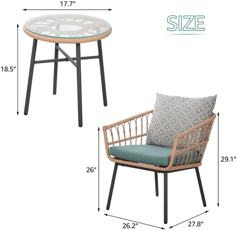 3 Piece Patio Furniture Outdoor Conversation Bistro Set with Tempered Coffee Table and Wicker Chairs for Garden Balcony Backyard Yard Poolside, Green (QX-MA-WF-001)-1