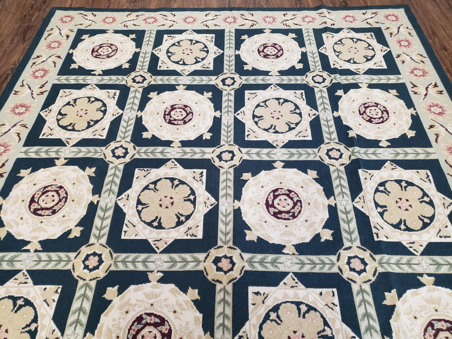 Vintage Chinese Needlepoint Rug 6x9, Panel Design Area Rug Wool Hand-Woven Black & Ivory Carpet Flat Weave Bedroom Rug 6 x 9 Living Room Rug-2