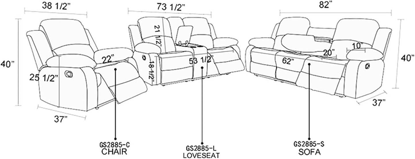 Recliner Sofa Set Living Room Furniture, Flannel Fabric Reclining Sofa Set, Recliner Couch Set with Cup Holders and Storage Console (3 Pieces Living Room Furniture Set, Dark Grey)-1