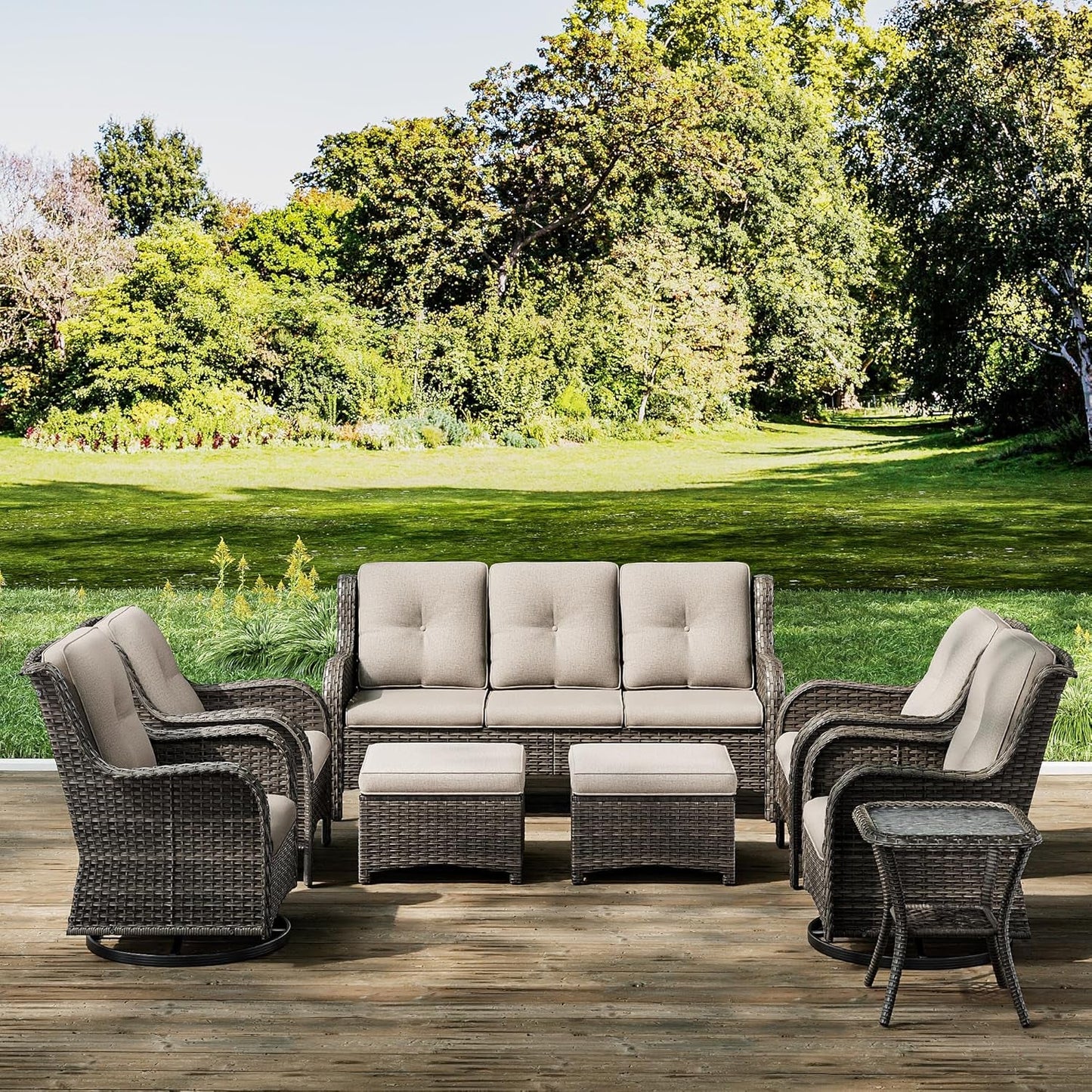 Wicker Patio Furniture Sets 8 Piece Set with 3-Seat Sofa, 2 Swivel Rocking Armchairs, 2 Armchairs, 2 Ottoman and 1 Side Table Wicker Outdoor Furniture Sectional Conversation Set, Beige