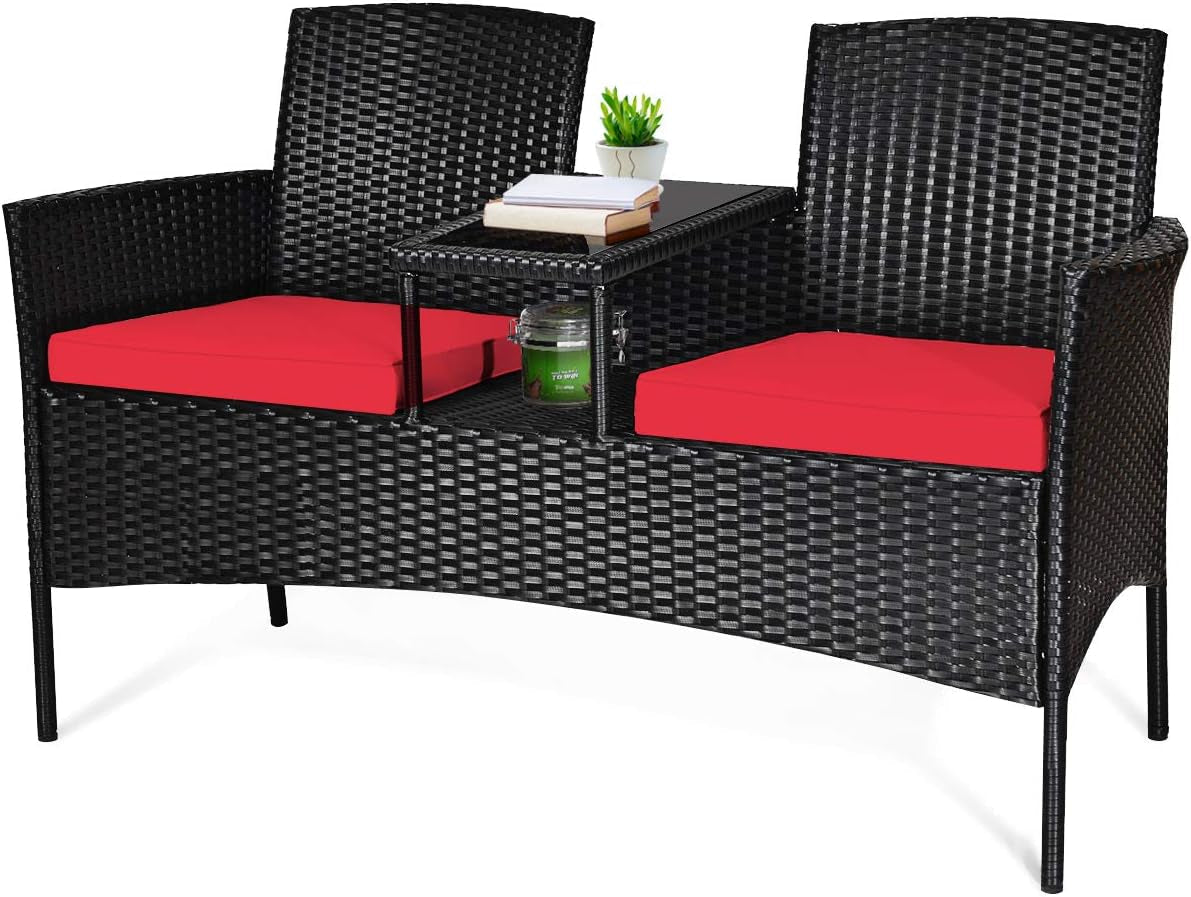 Wicker Patio Conversation Furniture Set, Outdoor Furniture Set with Removable Cushions & Table, Tempered Glass Top, Modern Rattan Bench for Garden Lawn Backyard