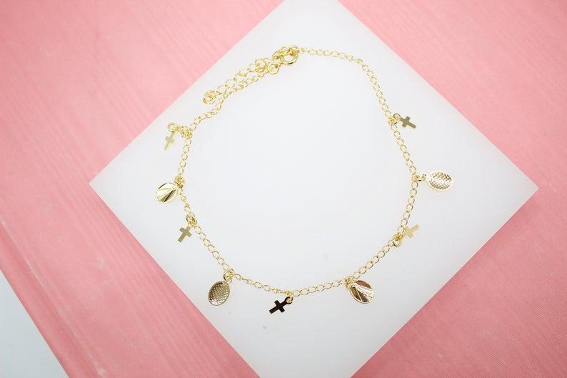 Gold Filled Cross and Saint Charm Anklet (E100)