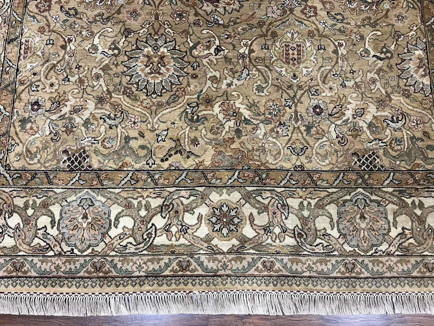 Indo Mahal Rug 8x10, Indian Jaipur Rug 8 x 10 ft, Wool Indo Persian Carpet, Handmade Traditional Floral Area Rug, Olive Green, Vintage Rug-4