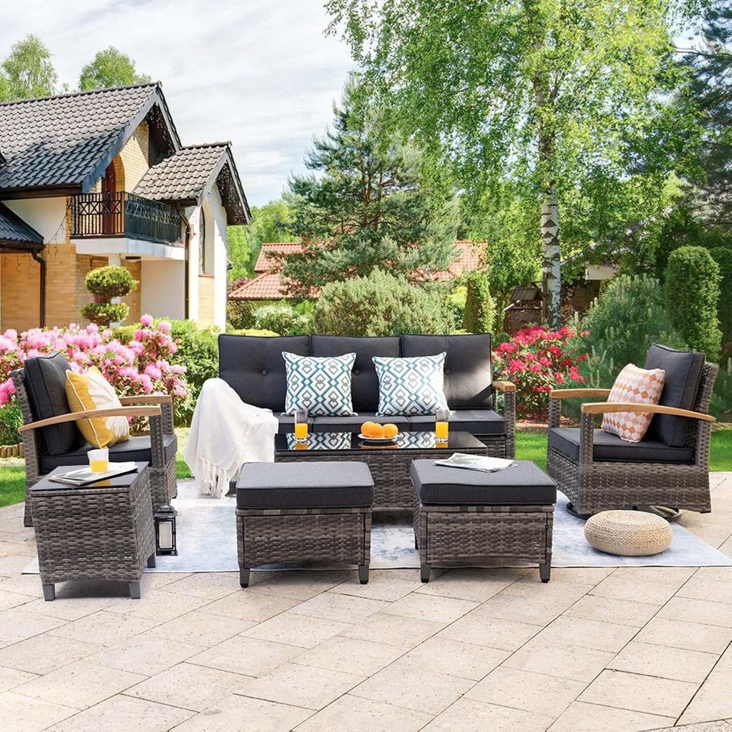 Outdoor Rattan Patio Furniture Set with Swivel Rockers