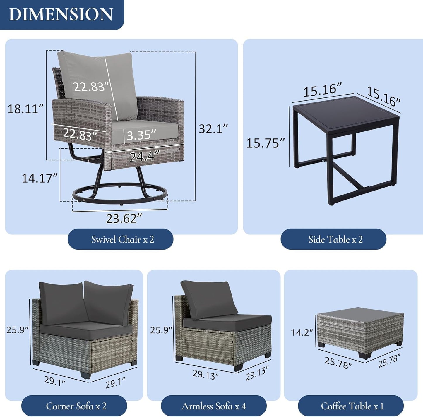 10 Piece Outdoor Patio Furniture Set with Swivel Chairs