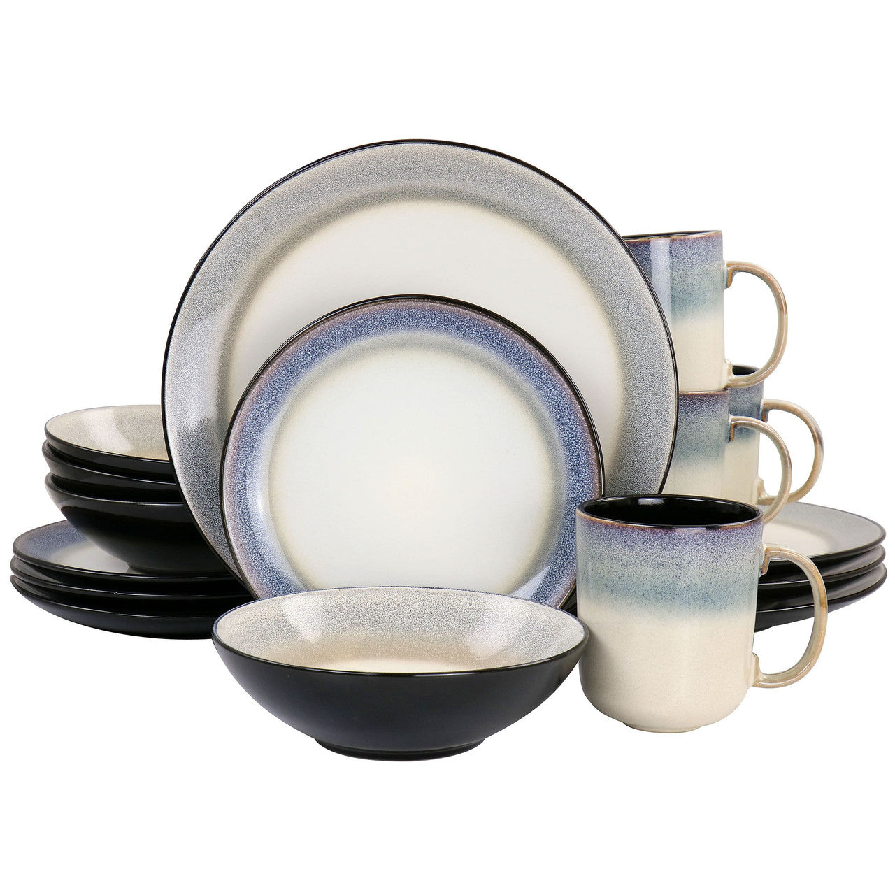 Gibson Elite Rings of Saturn 16 Piece Reactive Glaze Stoneware Dinnerware Set in Grey