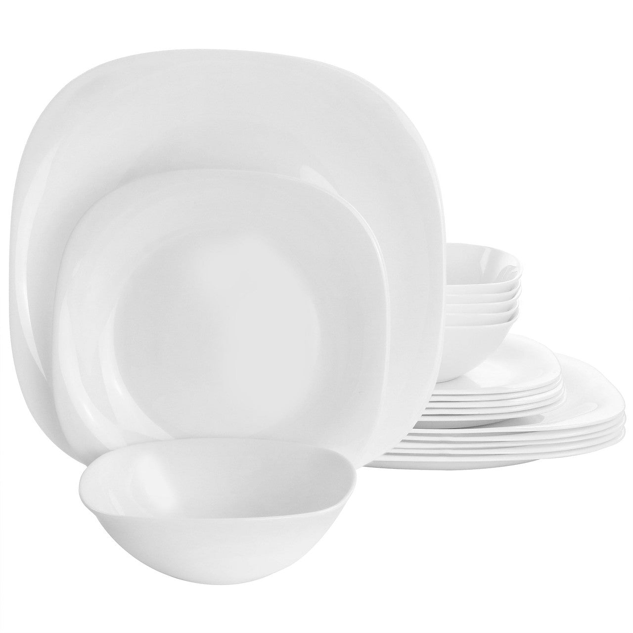 Gibson Ultra Piazza 18 Piece Soft Square Tempered Opal Glass Dinnerware Set in White