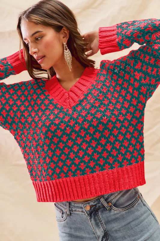 SO ME Color Block Textured Christmas Sweater V Neck Top-0