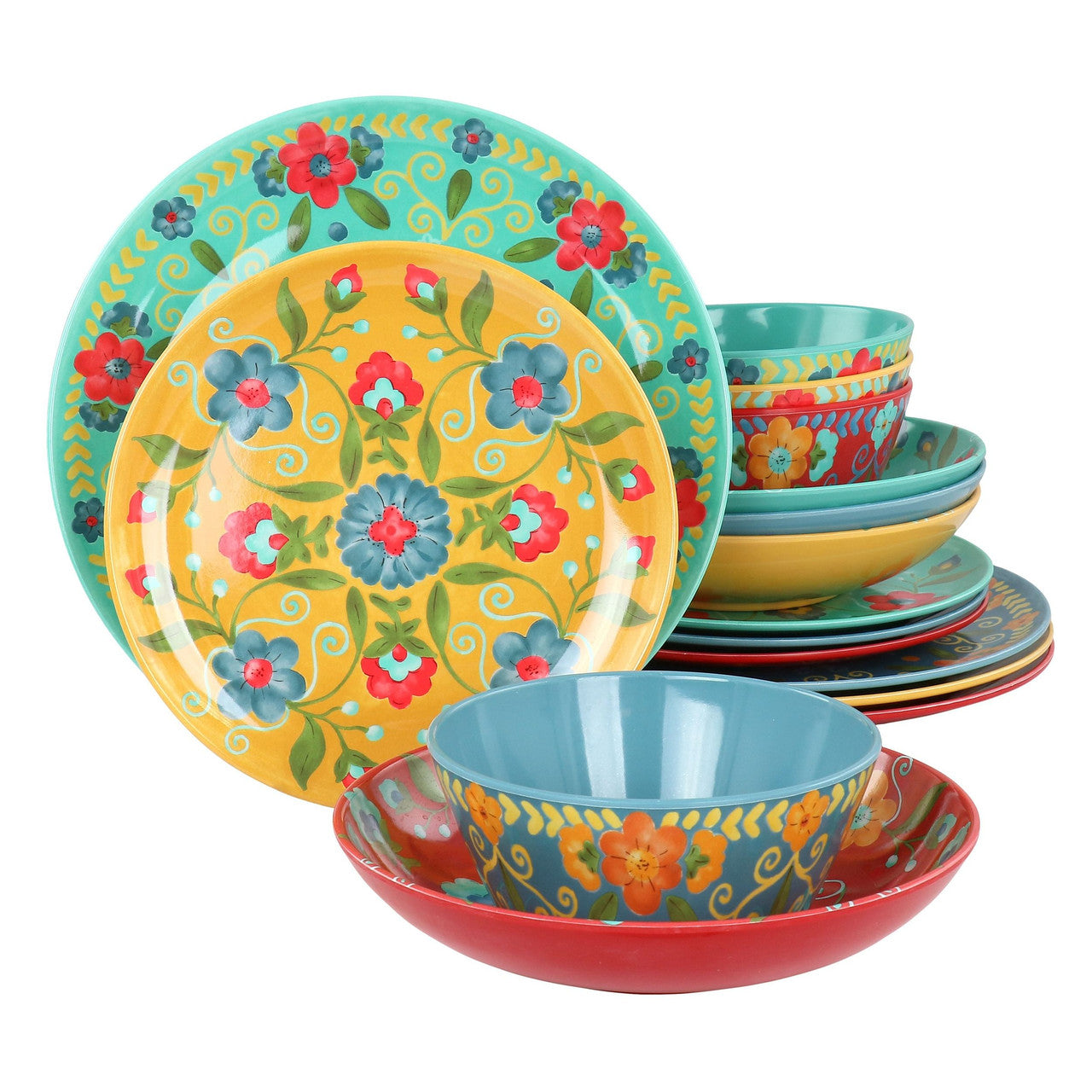 Laurie Gates California Designs Elena Amour 16 Piece Floral Round Melamine Dinnerware Set