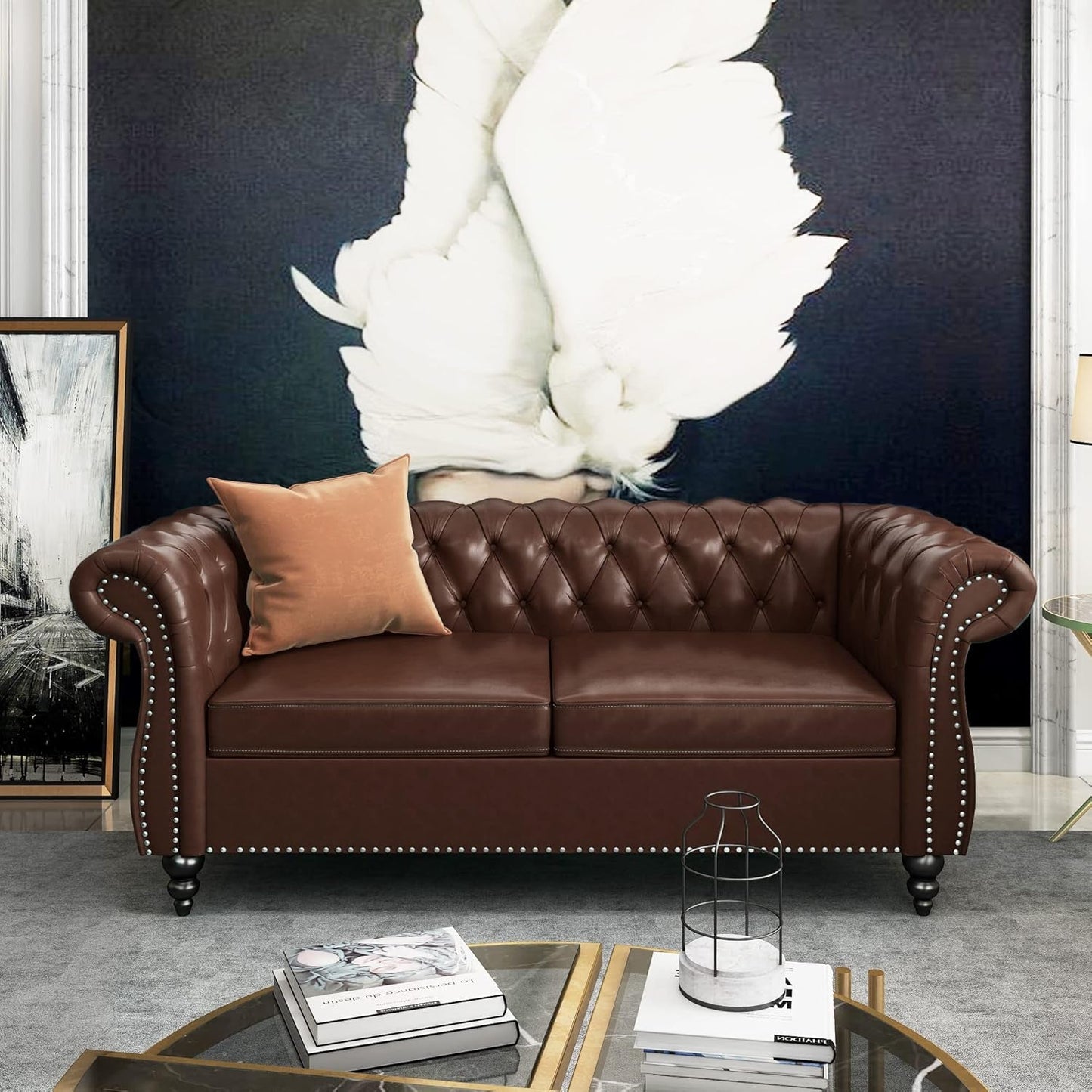 3 Piece Living Room Set, Chesterfield Leather Sofa Loveseat Couch Chair with Scroll Arms and Nailhead for Living Room, Office (Dark Brown)