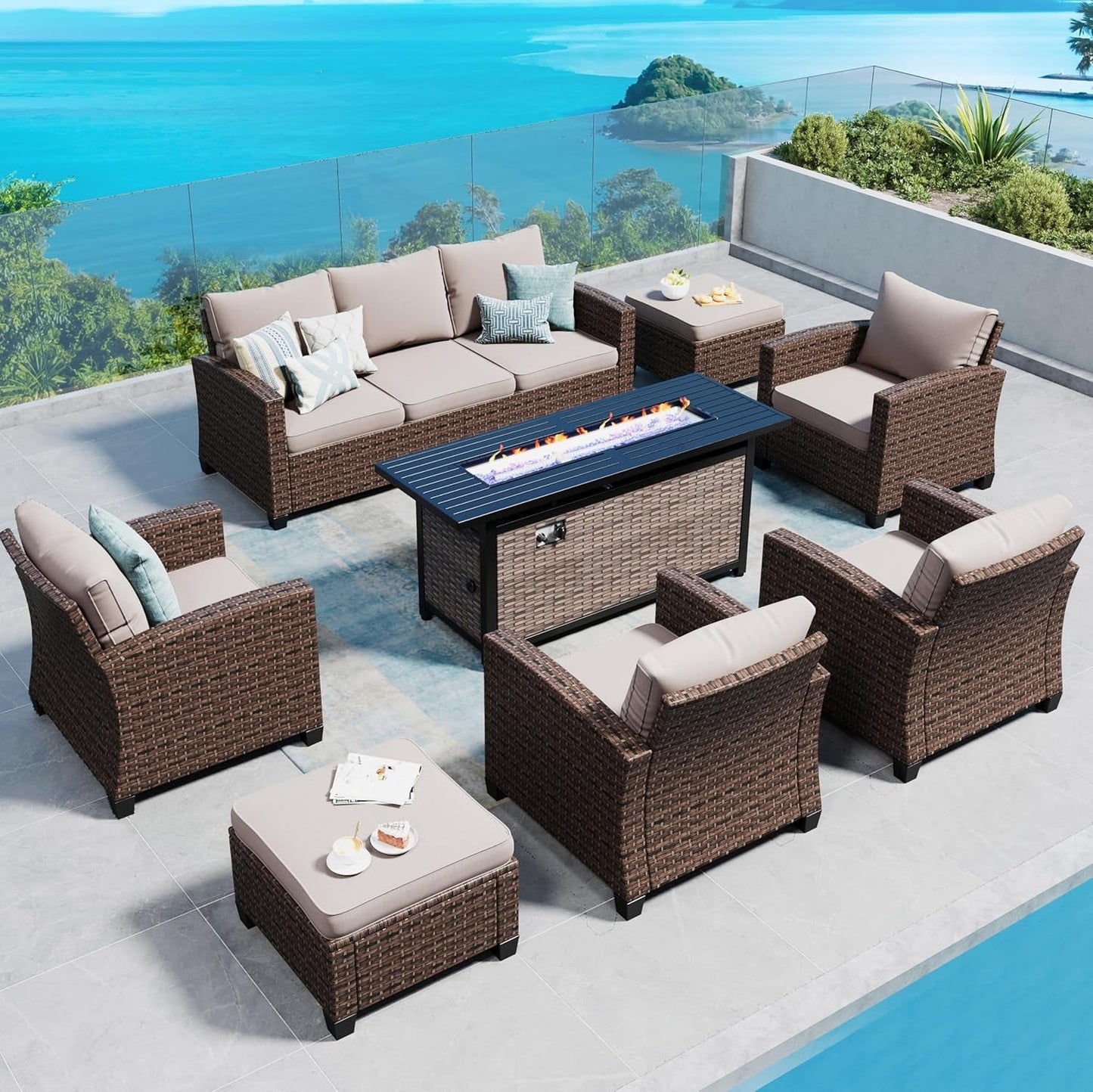 Patio Furniture Set Outdoor Furniture Brown Wicker Rattan Patio Conversation Sets with Cushion outside Sofa Set,7 Pieces with Rectangular Firepit Table,9 Seats,Beige-0