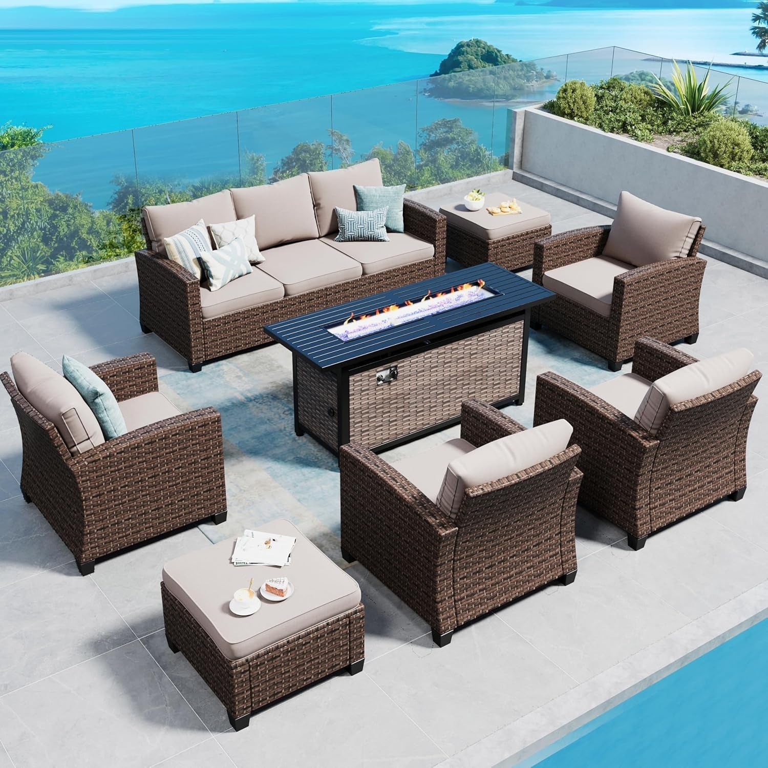 Patio Furniture Set Outdoor Furniture Brown Wicker Rattan Patio Conversation Sets with Cushion outside Sofa Set,7 Pieces with Rectangular Firepit Table,9 Seats,Beige-0
