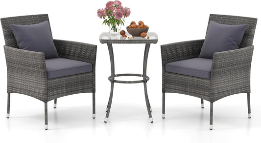 3-Piece Patio Furniture Set, PE Wicker Conversation Bistro Set W/A Tempered Glass Table & 2 Cushioned Chairs, Outdoor Table & Chairs Set for Patio Porch Yard Garden (Mix Gray+Grey)-0
