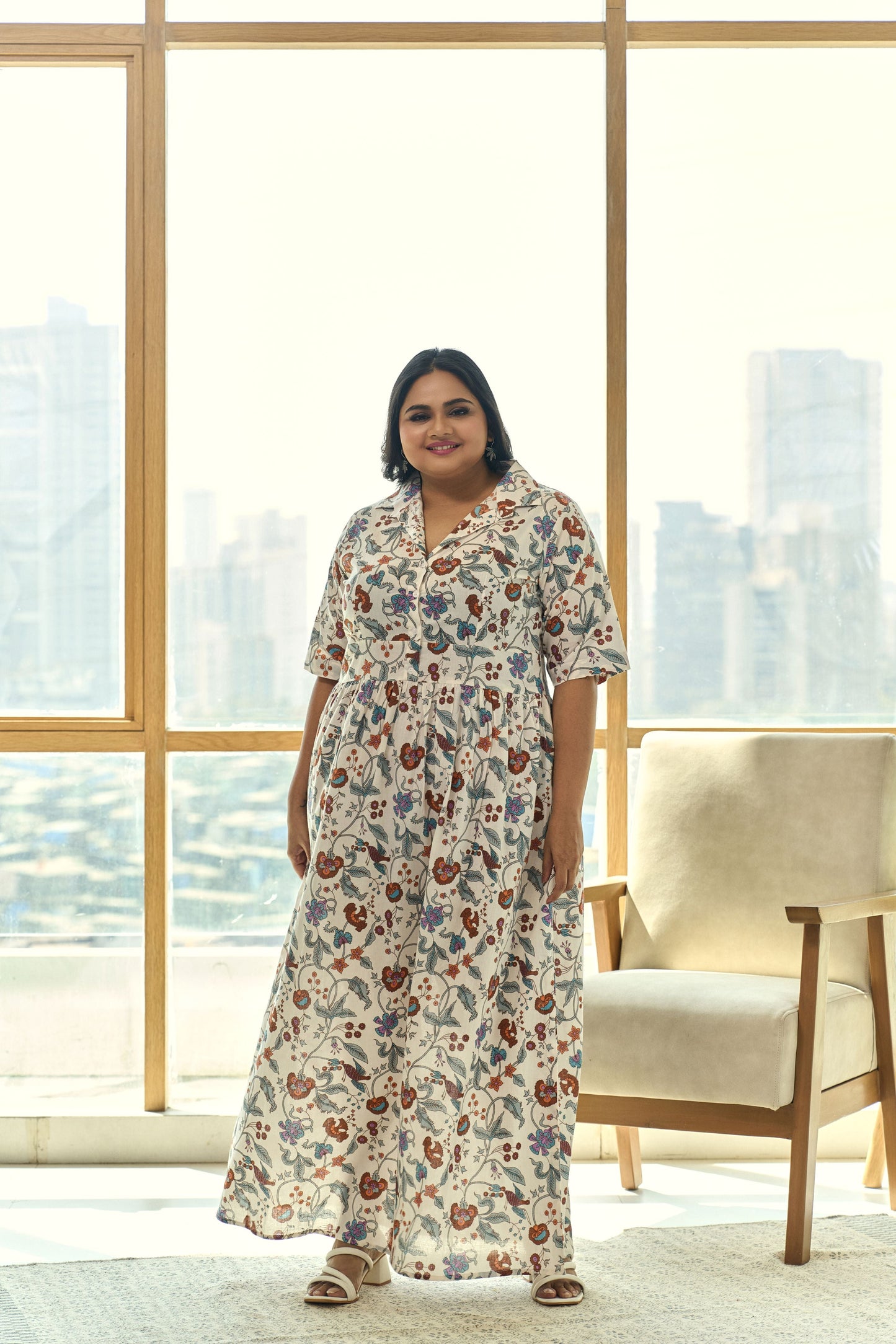 White Floral Hand-block Printed Cotton Maxi Dress