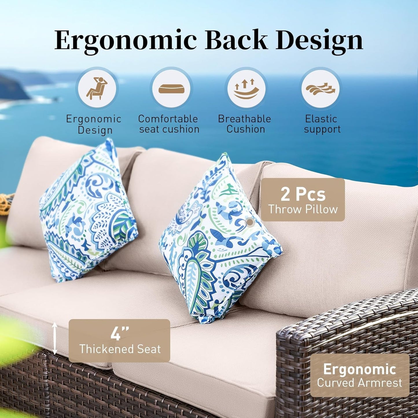 Patio Furniture Set Outdoor Furniture Brown Wicker Rattan Patio Conversation Sets with Cushion outside Sofa Set,6 Pieces with Rectangular Firepit Table,7 Seats,Beige-3