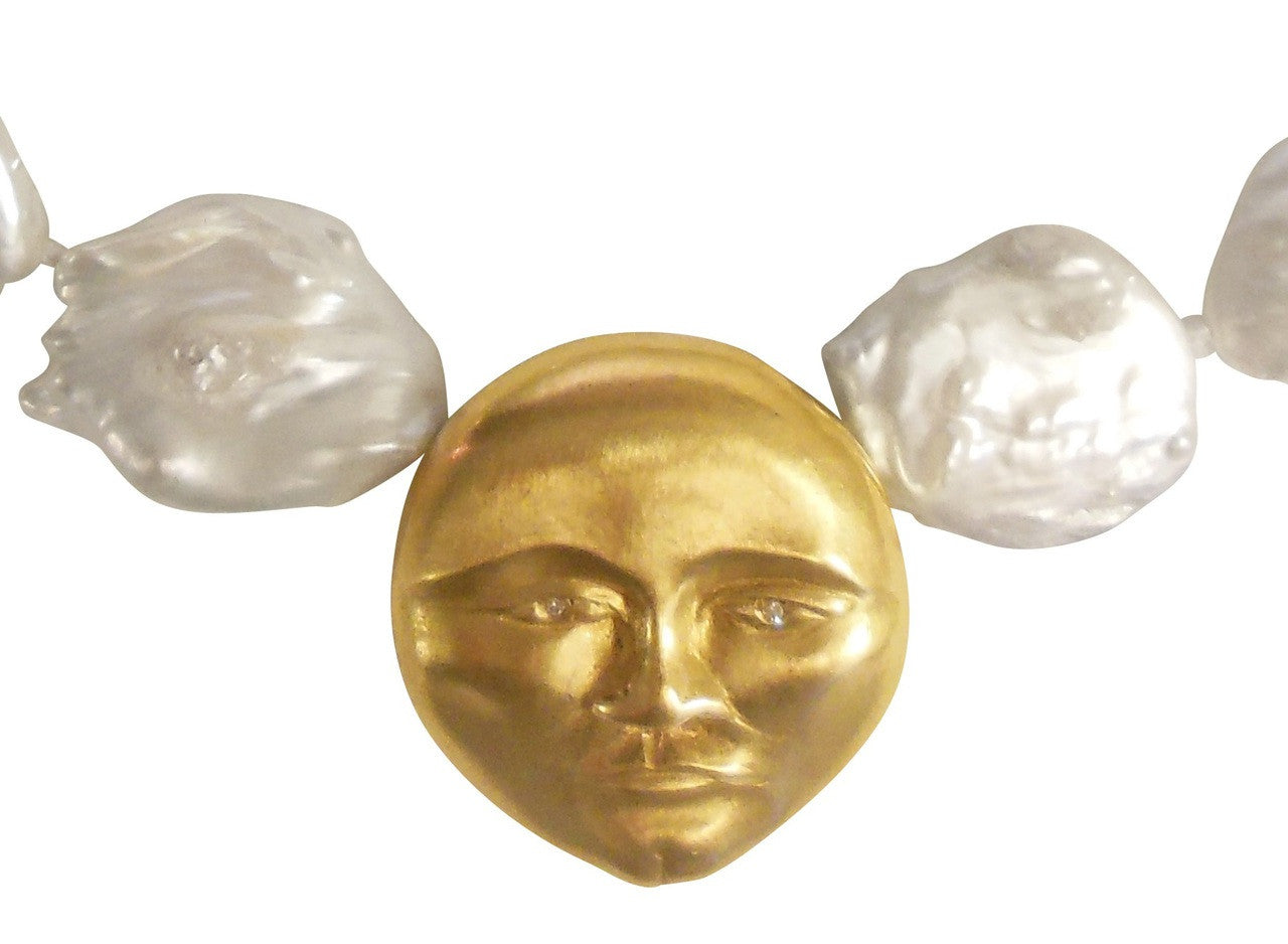 18K Gold Face, Diamond Eyes, Huge coin pearl necklace. Someone to Watch Over Me-Sun/ Moon Collection-2