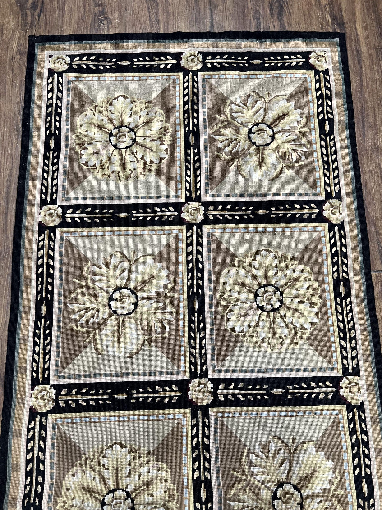 Needlepoint Runner Rug 3x8 Panel Design Rug, Flatweave Runner Rug, English Design, Floral, Short Runner Rug, Black and Beige Wool Hand-Woven-4