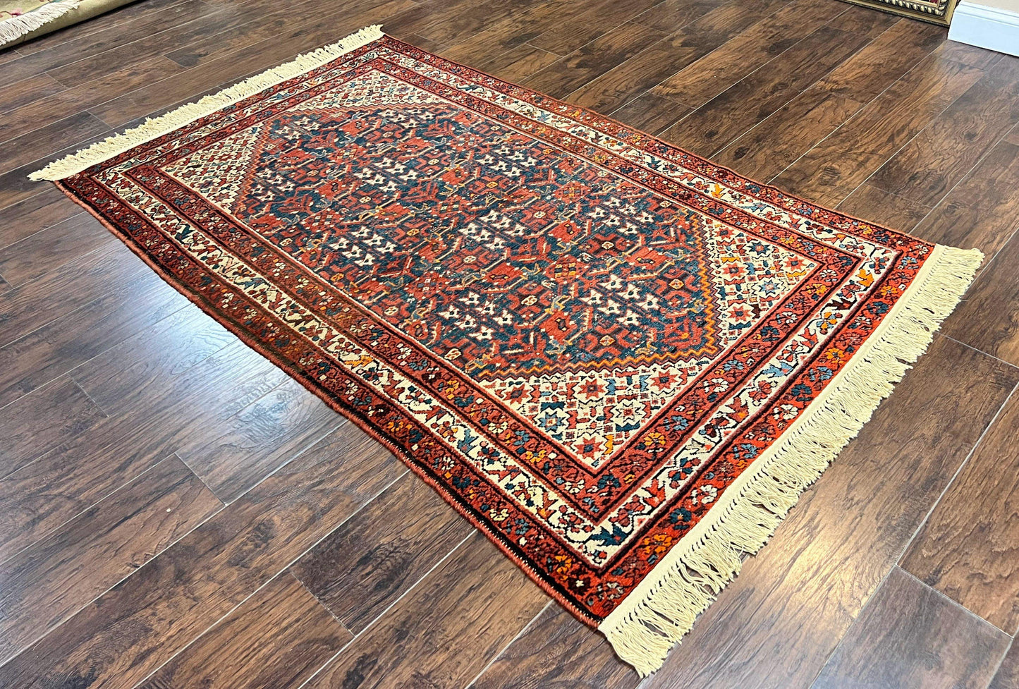 Persian Malayer Rug 4x7, Tribal Rug, Geometric, Antique Oriental Carpet, Red Blue Cream, Boho Rug, Hand Knotted Wool Rug