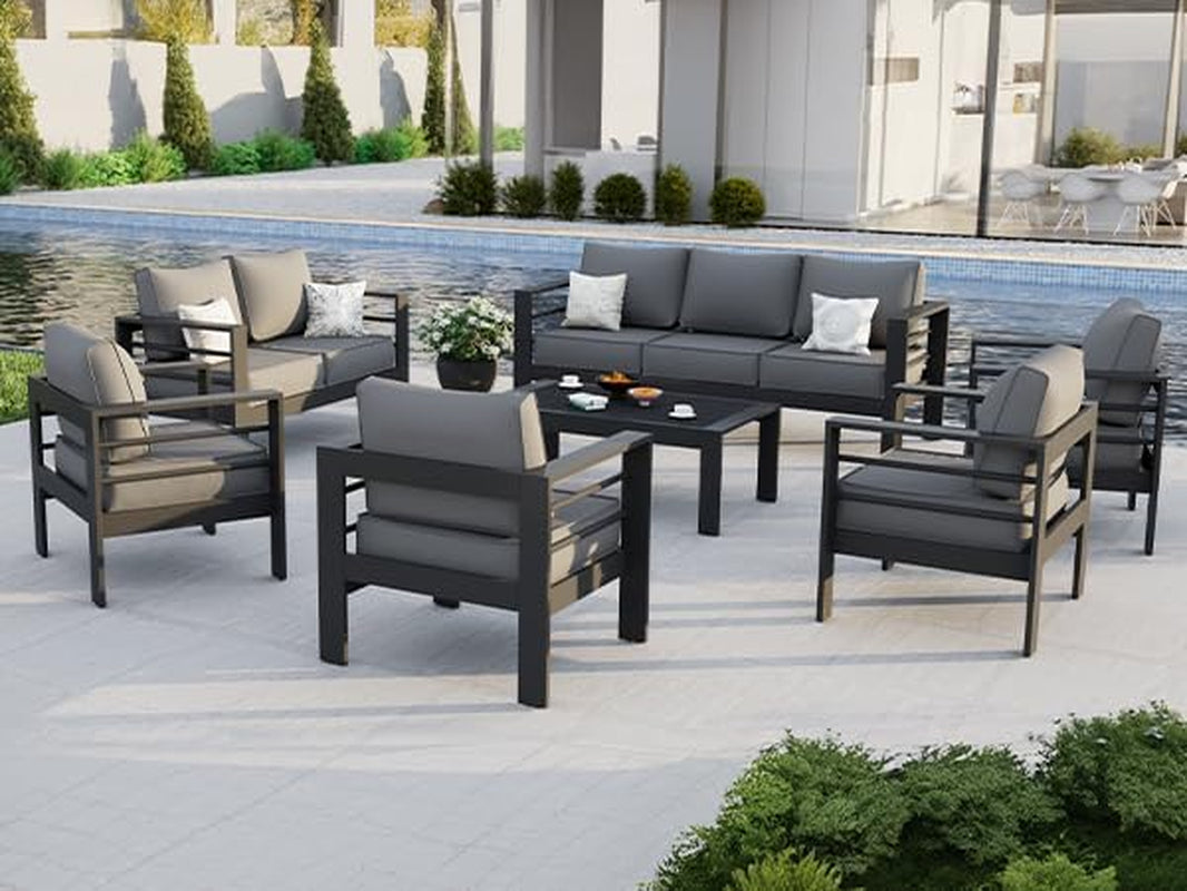 Aluminum Patio Furniture Set, 7 Piece Metal Outdoor Furniture Set, Patio Furniture Set with Waterproof Covers for Backyard Garden(Grey)