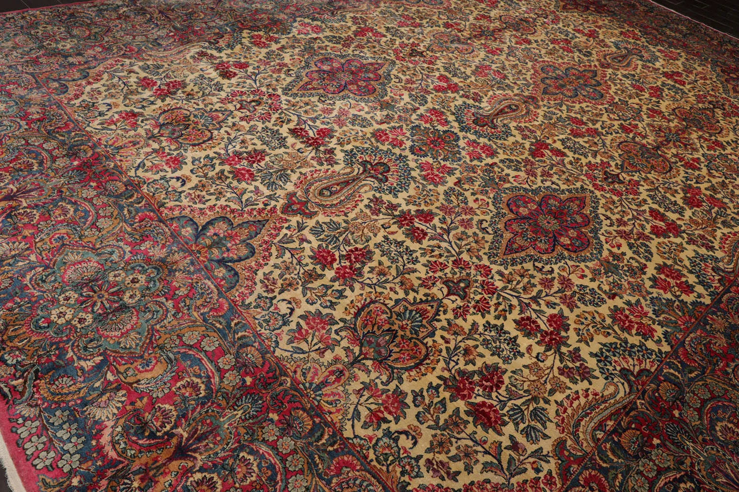 11'10''x15'10'' Palace Ivory, Blue Hand Knotted 100% Wool Traditional Antique Isfahan 300 KPSI Oriental Area Rug-4