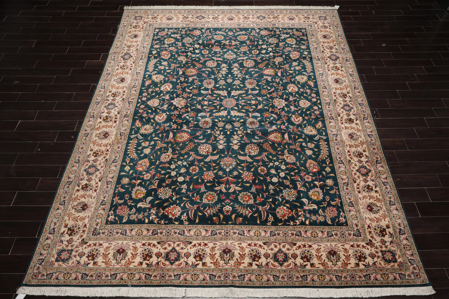 10x14 Hand Knotted Wool and Silk Traditional Tabriz 400 KPSI Oriental Area Rug Teal, Beige Color-2