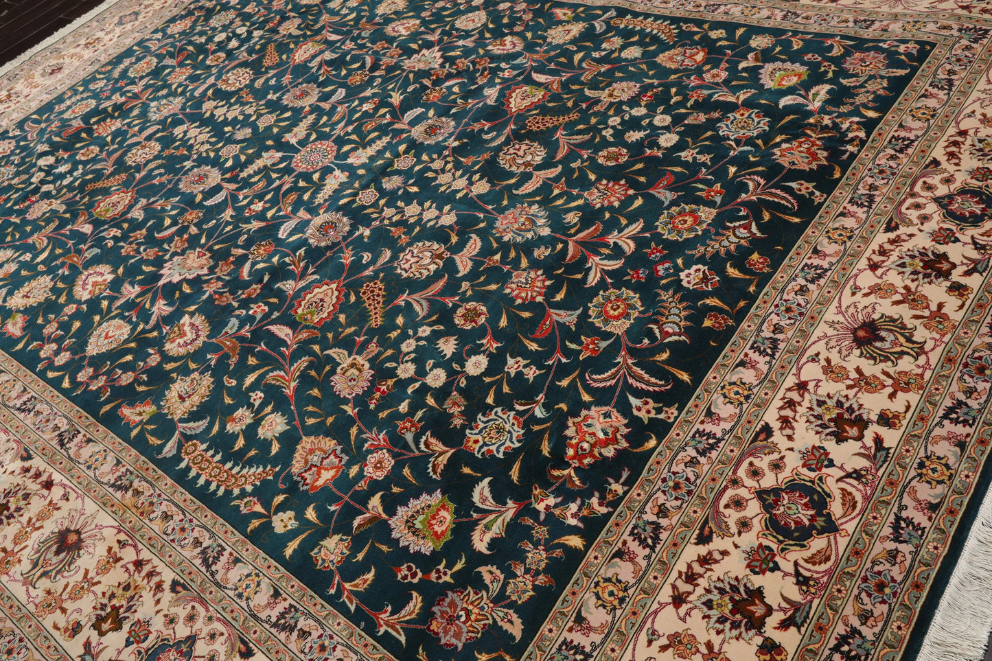 10x14 Hand Knotted Wool and Silk Traditional Tabriz 400 KPSI Oriental Area Rug Teal, Beige Color-3