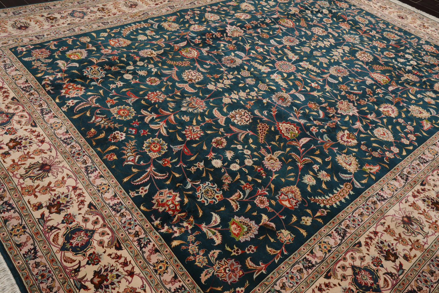 10x14 Hand Knotted Wool and Silk Traditional Tabriz 400 KPSI Oriental Area Rug Teal, Beige Color-4