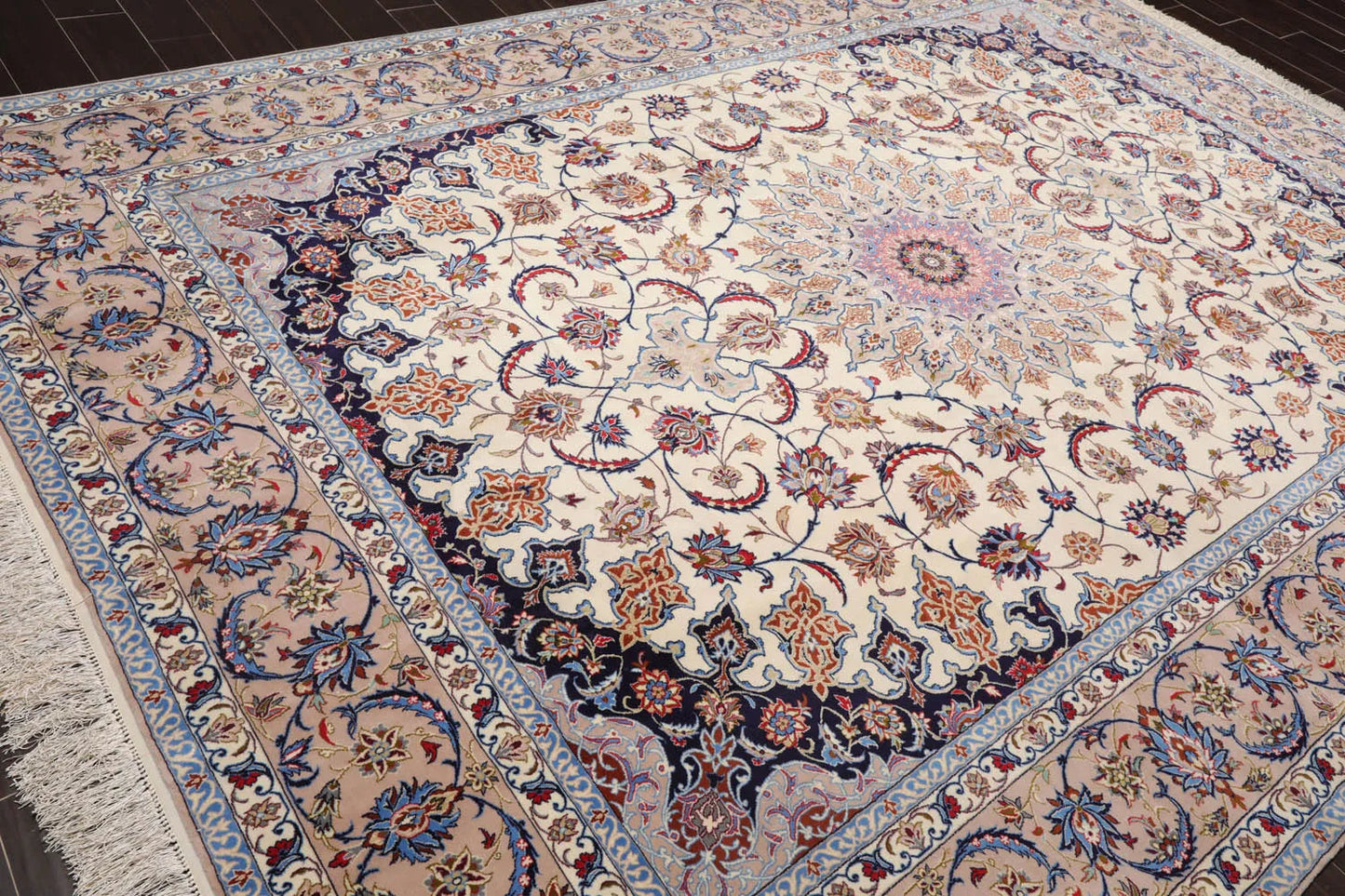 9x12 Cream, Taupe Hand Knotted Isfahan Wool and Silk Traditional 400 KPSI Oriental Area Rug-4