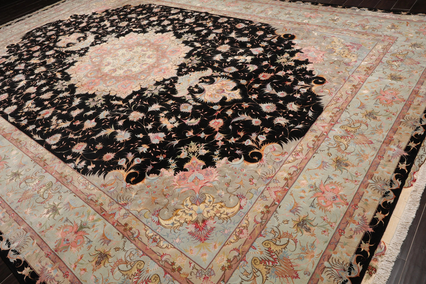 11' 6''x16' 10'' Palace Hand Knotted Wool and Silk Tabriz Traditional 400 KPSI Oriental Area Rug Black, Aqua Color-3