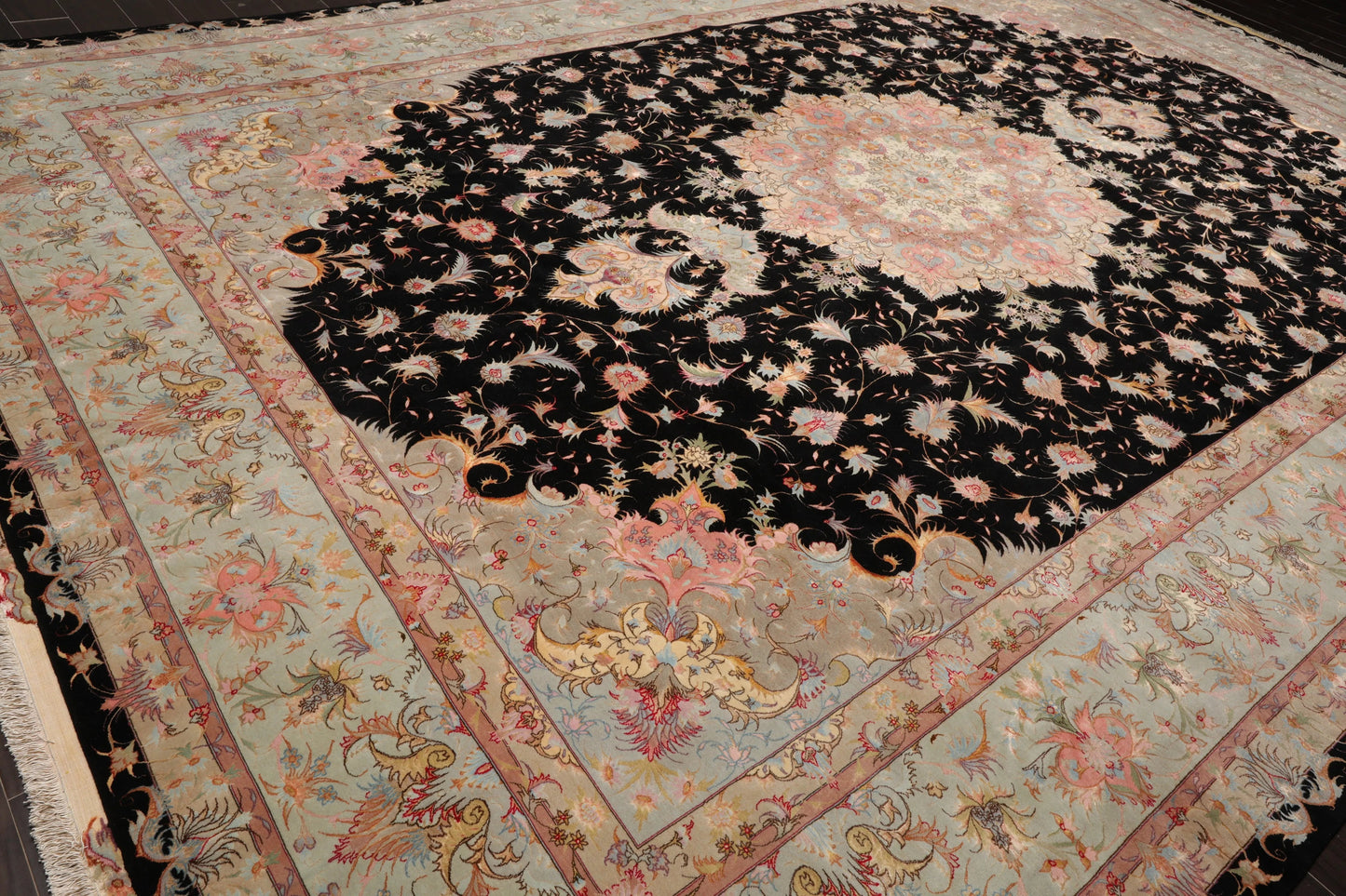 11' 6''x16' 10'' Palace Hand Knotted Wool and Silk Tabriz Traditional 400 KPSI Oriental Area Rug Black, Aqua Color-4