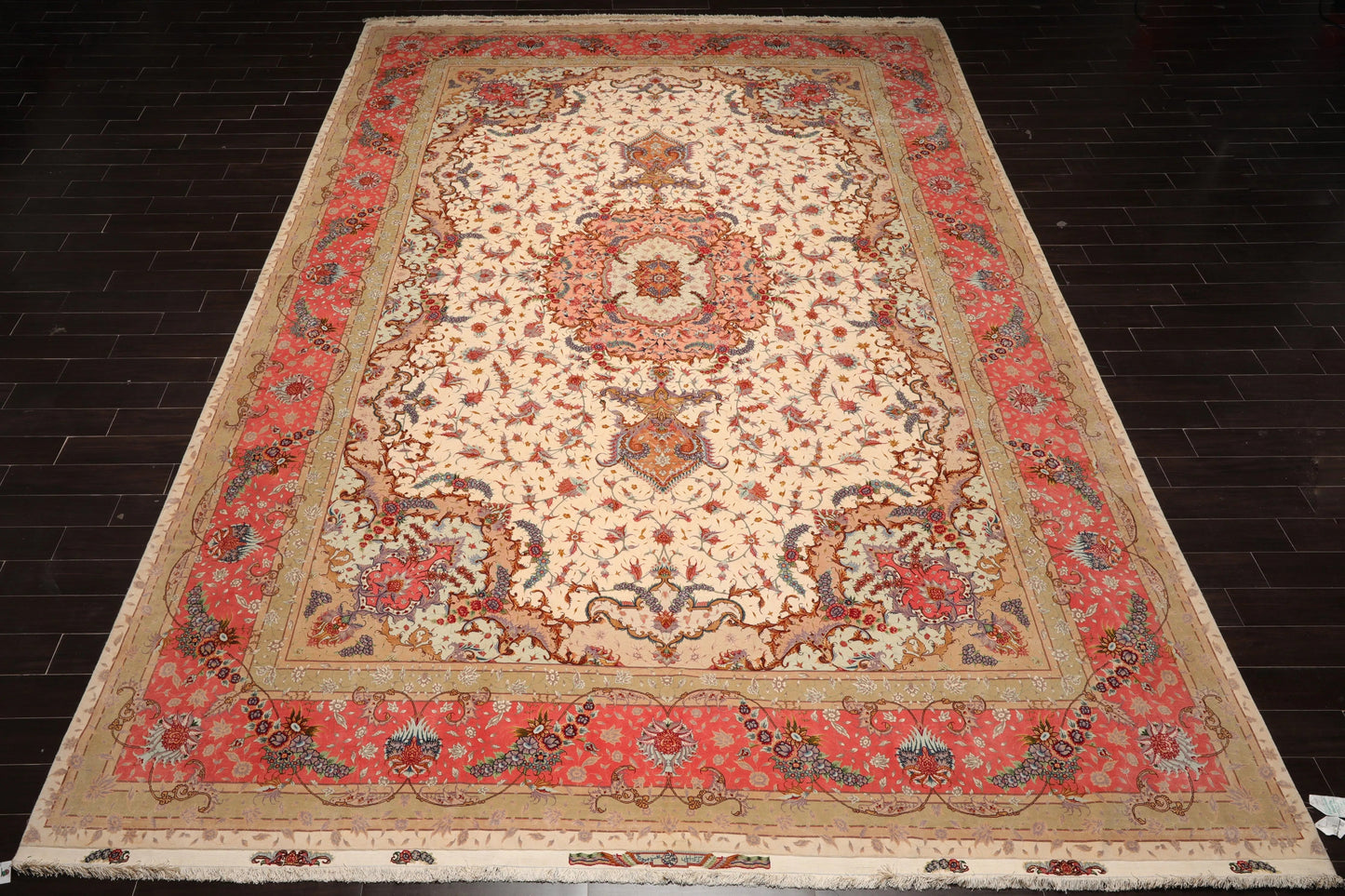 11'7'' x 16'9'' Ivory, Rose Palace Hand Knotted Wool and Silk Traditional Tabriz 350 KPSI Master Weaver Signed Oriental Area Rug-2