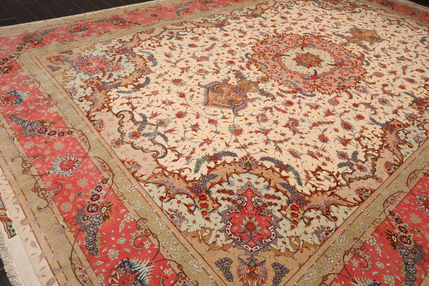 11'7'' x 16'9'' Ivory, Rose Palace Hand Knotted Wool and Silk Traditional Tabriz 350 KPSI Master Weaver Signed Oriental Area Rug-4