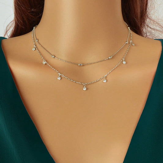 Sparkling Diamond Pendant Double Layer Silver Necklace Elegant Statement Jewelry